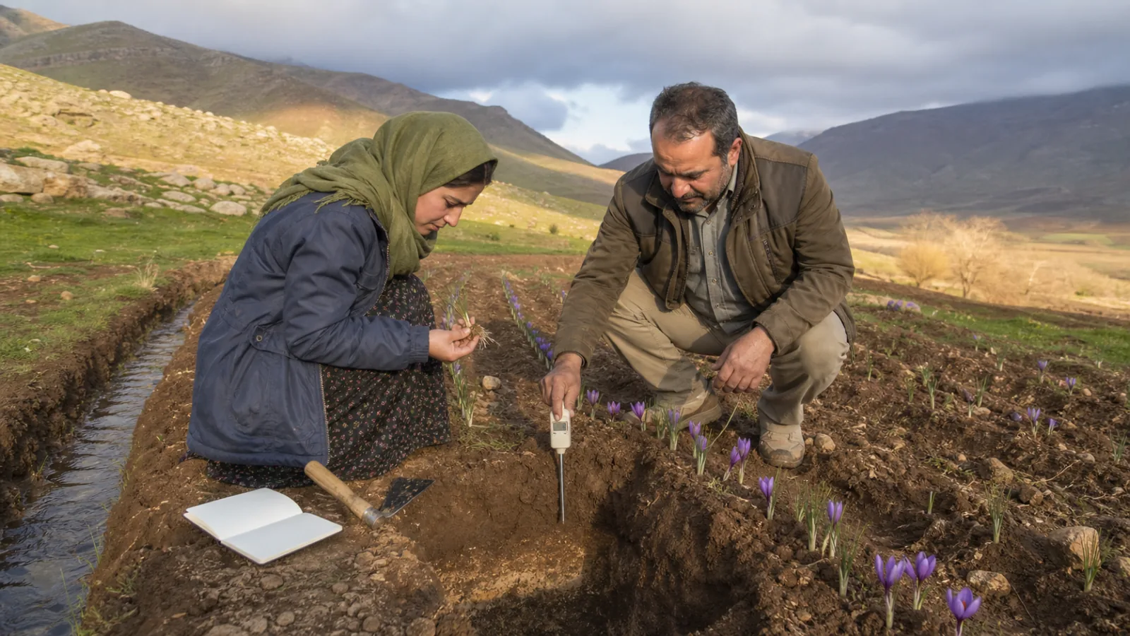 Lorestan grower and agricultural adviser checking soil moisture in a saffron field