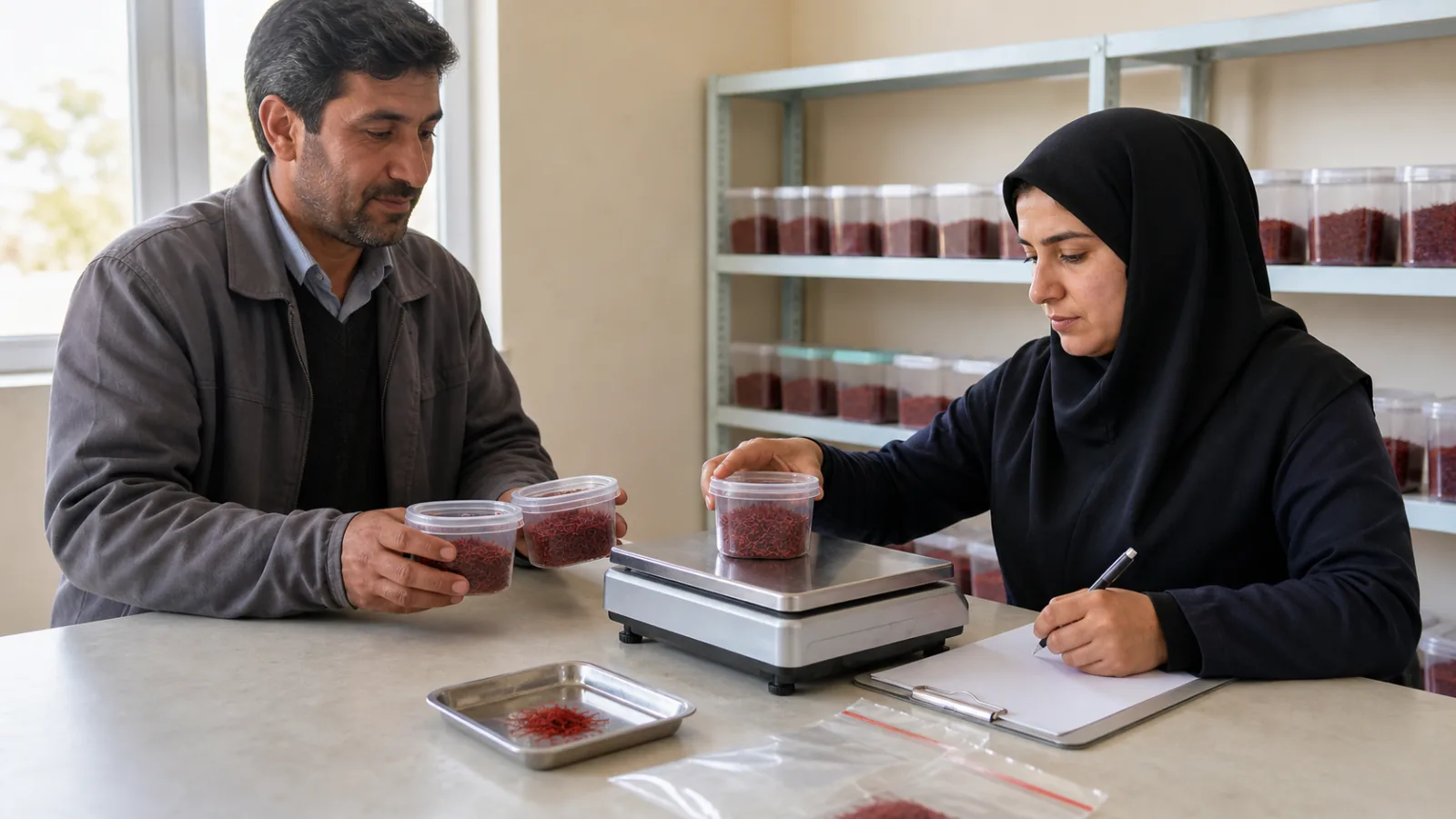Saffron farmer and cooperative clerk weighing a small dried saffron lot in Sarbisheh