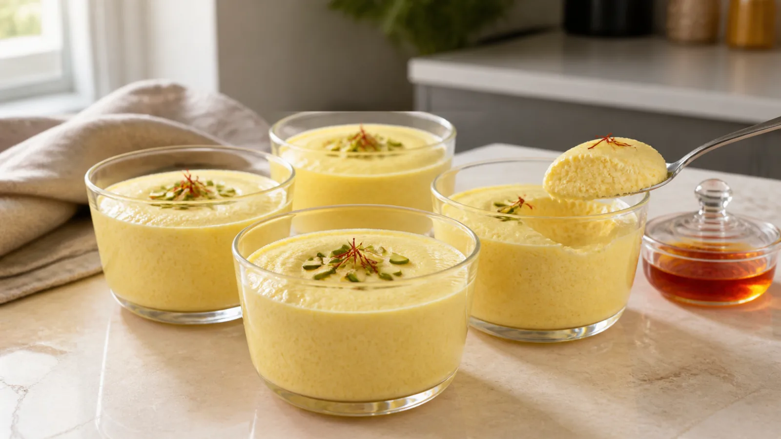 Four glasses of saffron mousse topped with pistachio and saffron threads