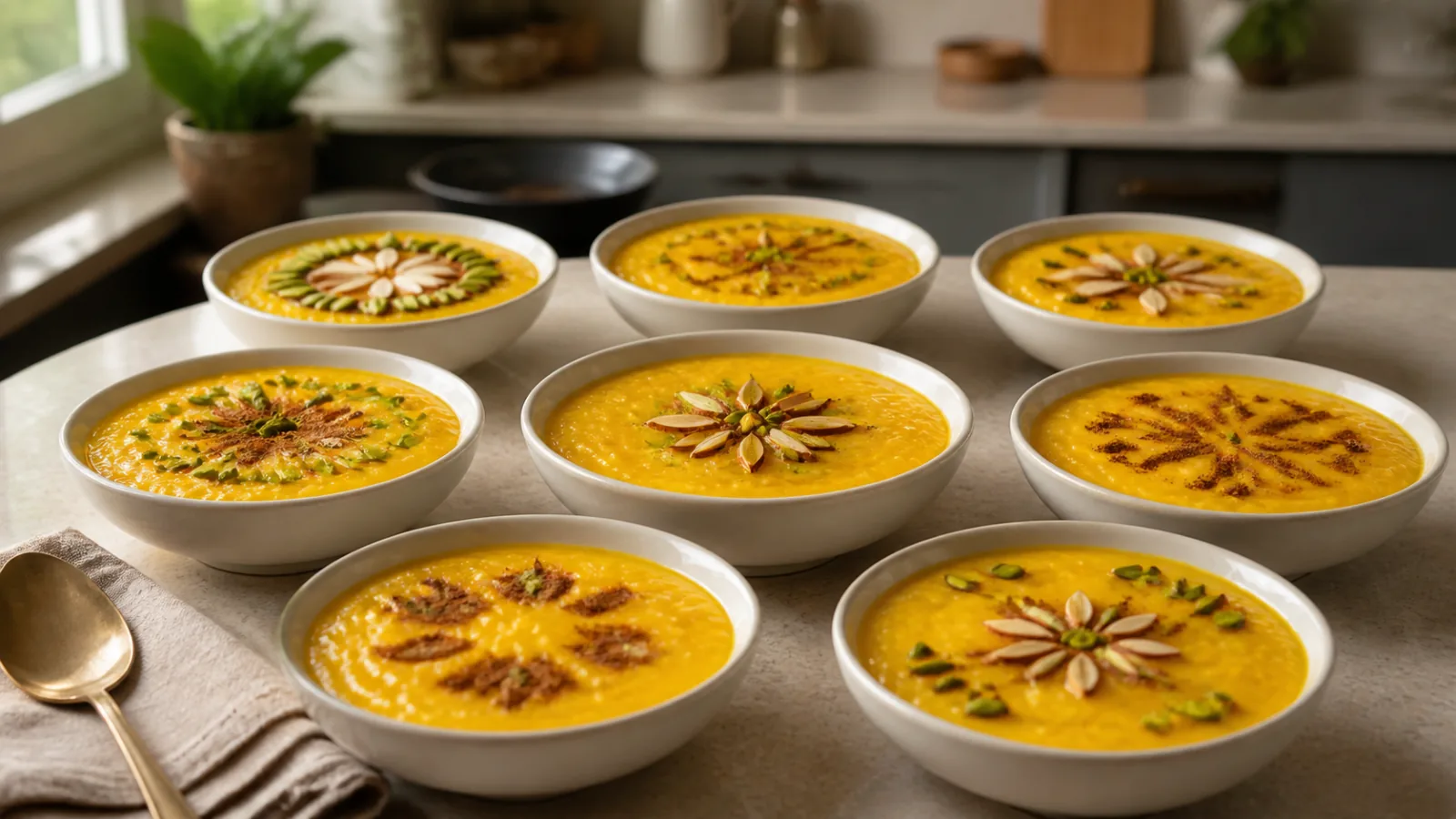 Eight bowls of Persian sholeh zard decorated with cinnamon pistachio and almond