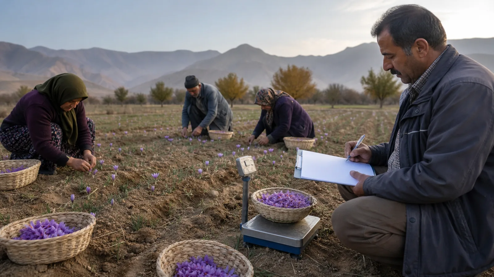 Nahavand saffron workers harvesting while a coordinator weighs and records a flower lot