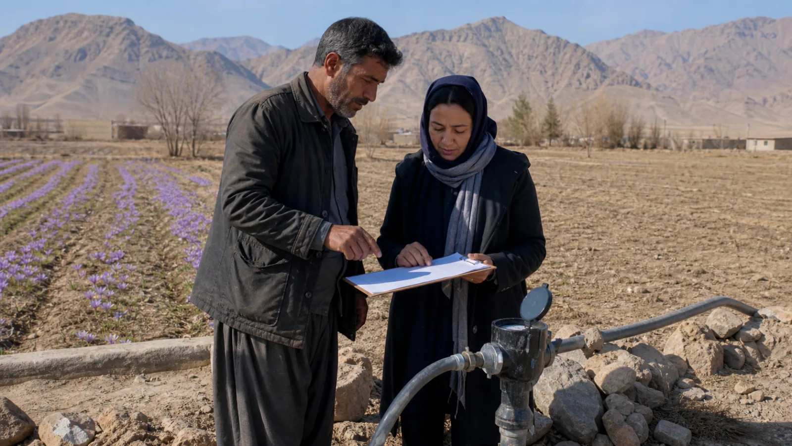 Kerman farmer and agricultural adviser checking water and field suitability beside saffron rows
