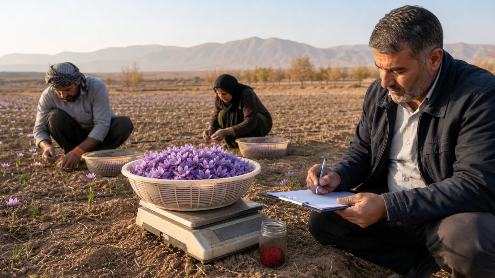 Isfahan saffron workers and adviser weighing fresh flowers and recording the harvest