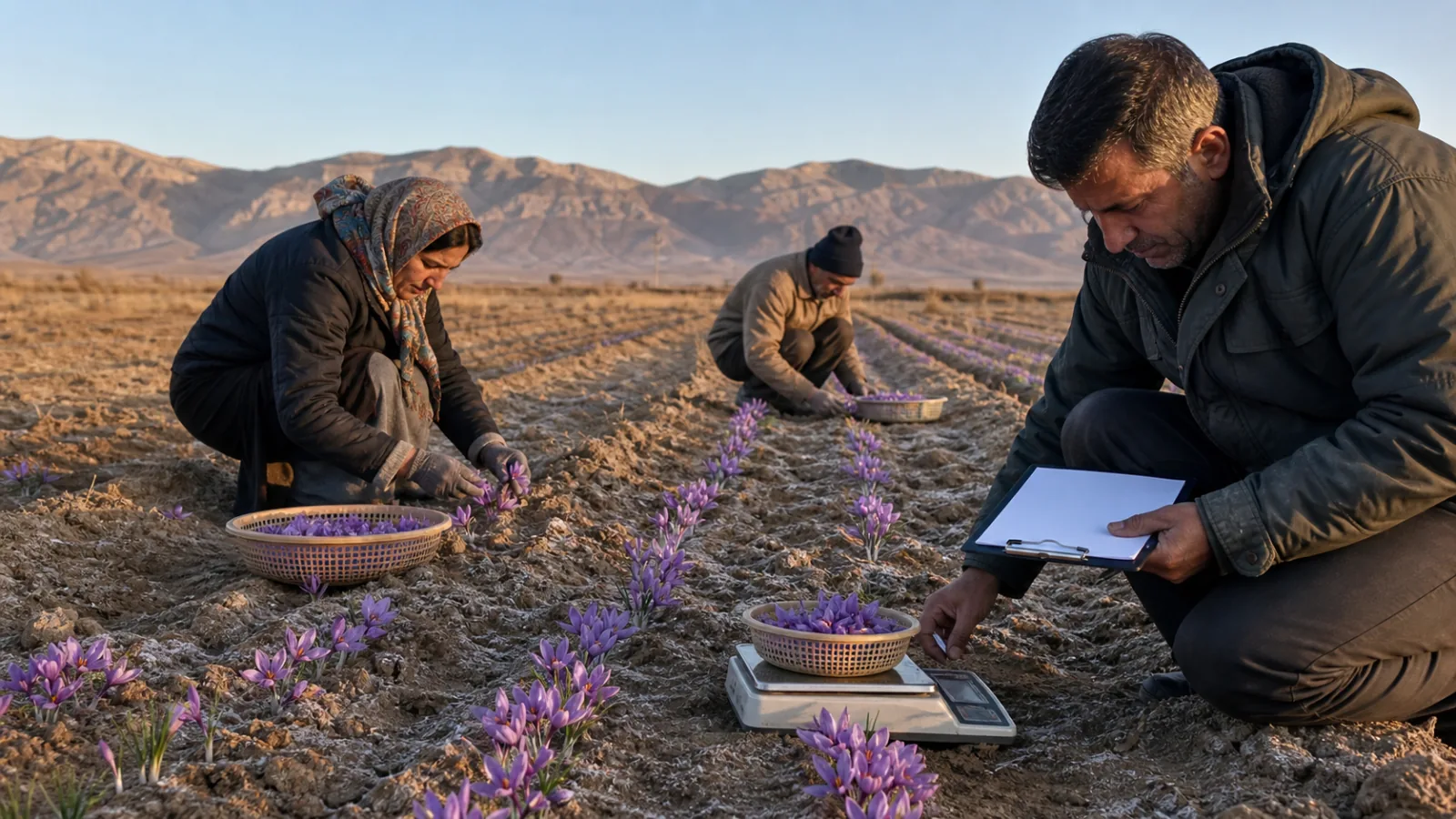 Rokh saffron harvest team weighing flowers in a dry frost-affected field