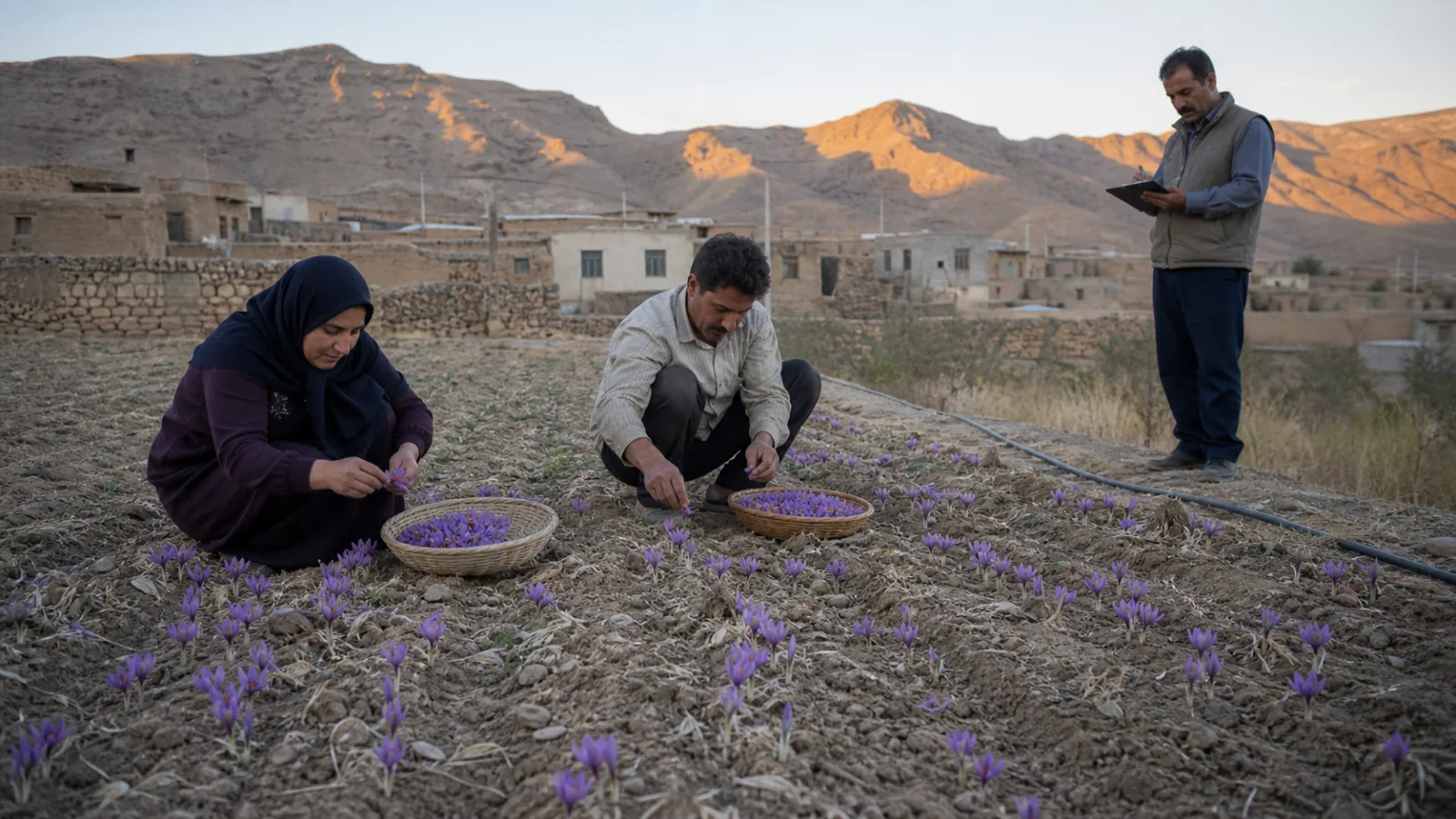 Farmers harvesting saffron in a modest Ravar village field while an adviser records conditions