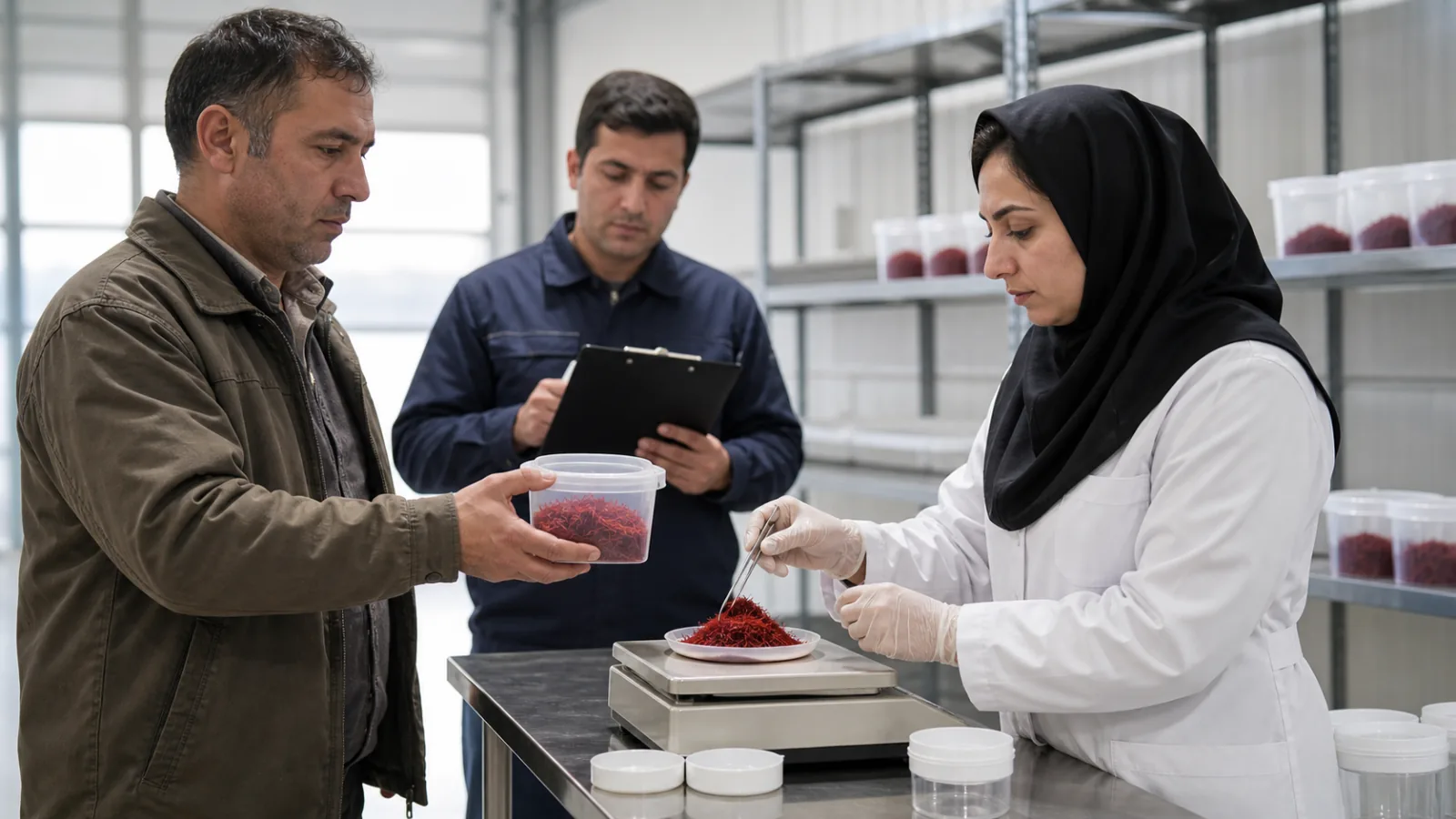 Saffron farmer delivering a small lot for weighing and quality sampling at a warehouse