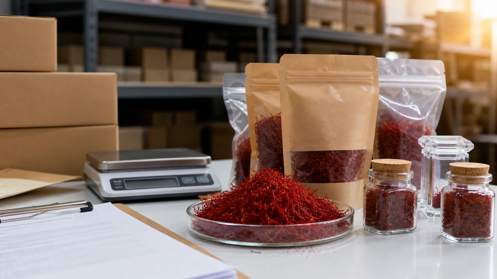 Iranian saffron threads, retail packs and export documents prepared for international shipment