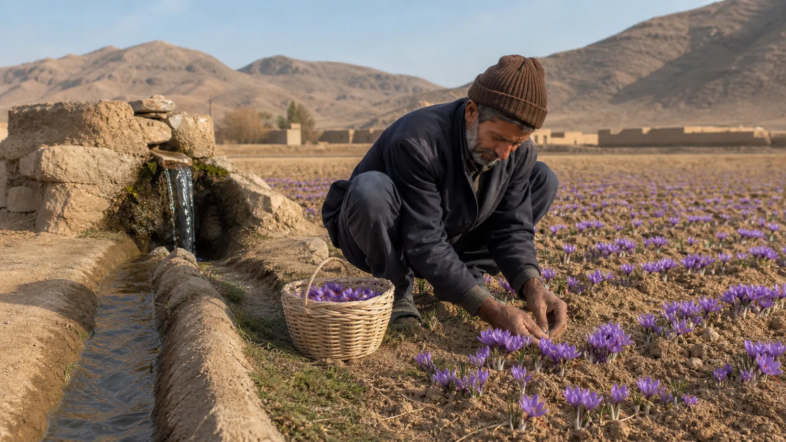 Saffron grower beside a traditional qanat irrigation channel in Seno village near Gonabad