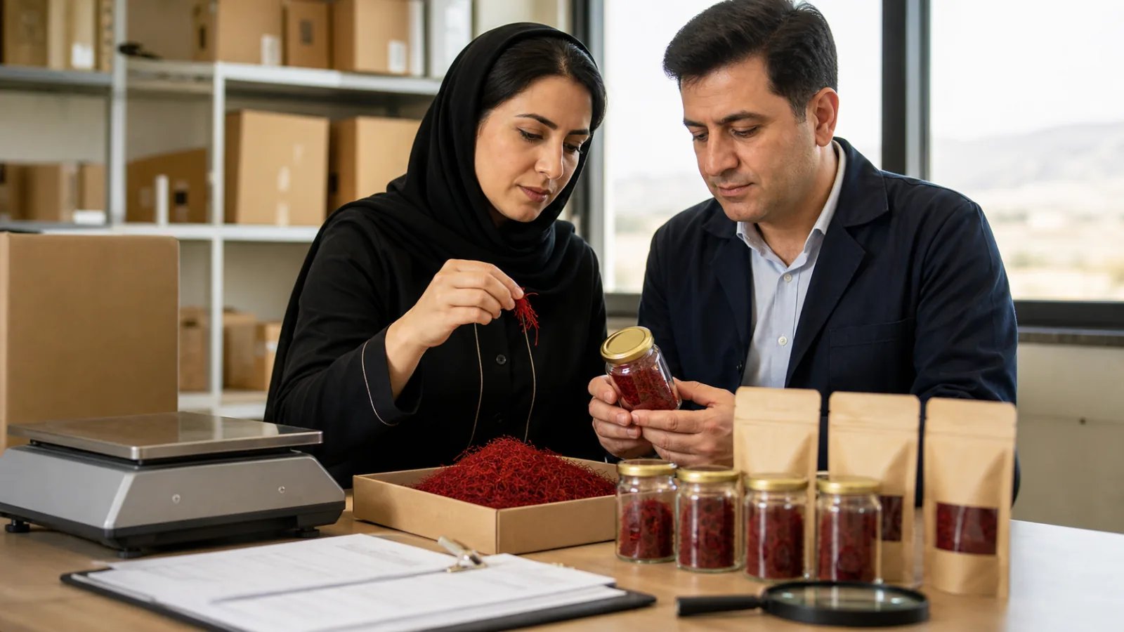 Saffron export team comparing bulk threads with finished retail packages and shipment records