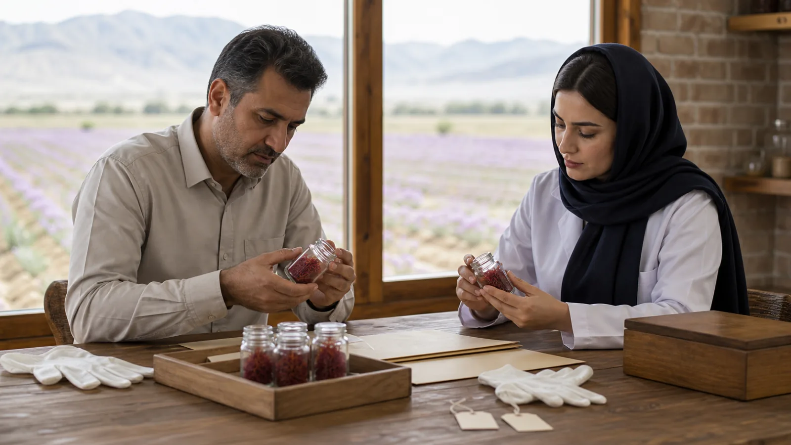 Iranian saffron producer checking origin records beside sealed thread samples from a defined growing area