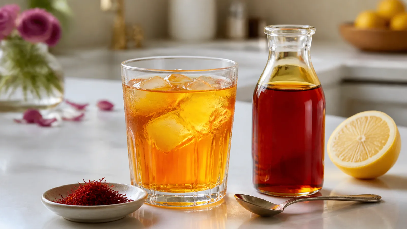 Chilled saffron syrup drink with rose water beside saffron threads and a glass bottle of concentrate