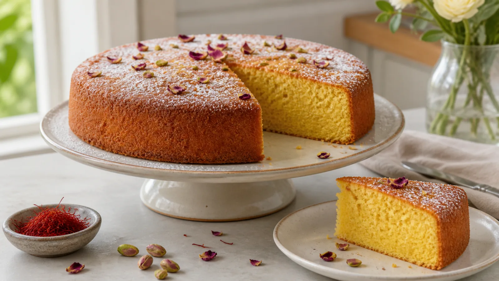 Sliced saffron and rose water cake with a golden crumb beside saffron threads and dried rose petals