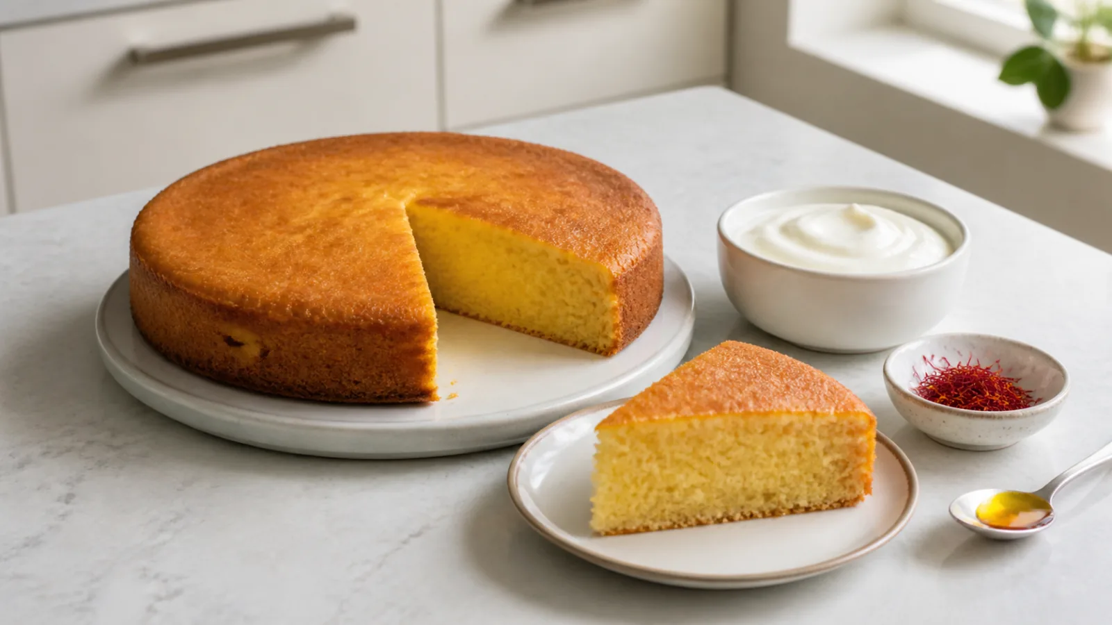 Sliced saffron yogurt cake with a moist golden crumb beside plain yogurt and saffron threads