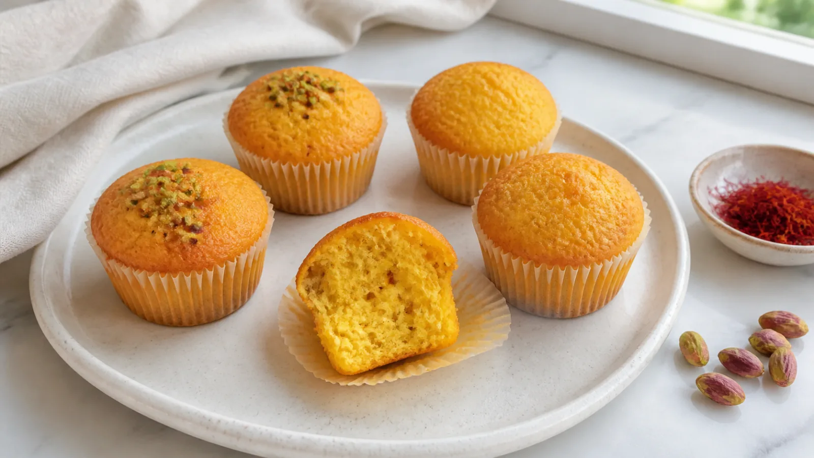 Saffron cupcakes with pistachios showing a natural golden crumb and light pistachio topping