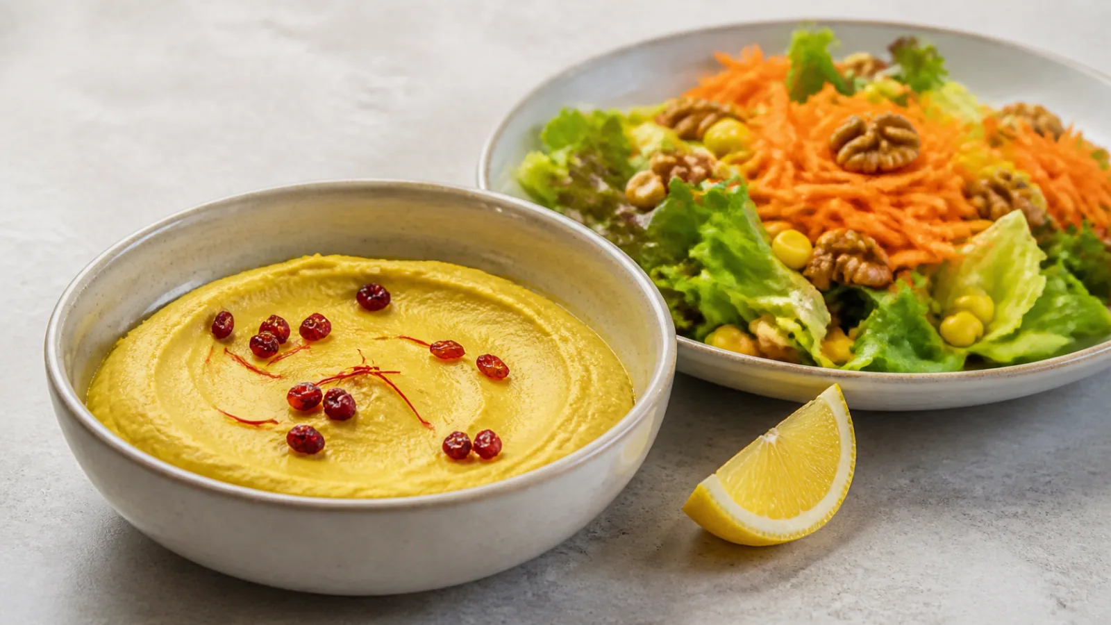 Creamy saffron chickpea and tahini sauce with barberries beside a fresh salad
