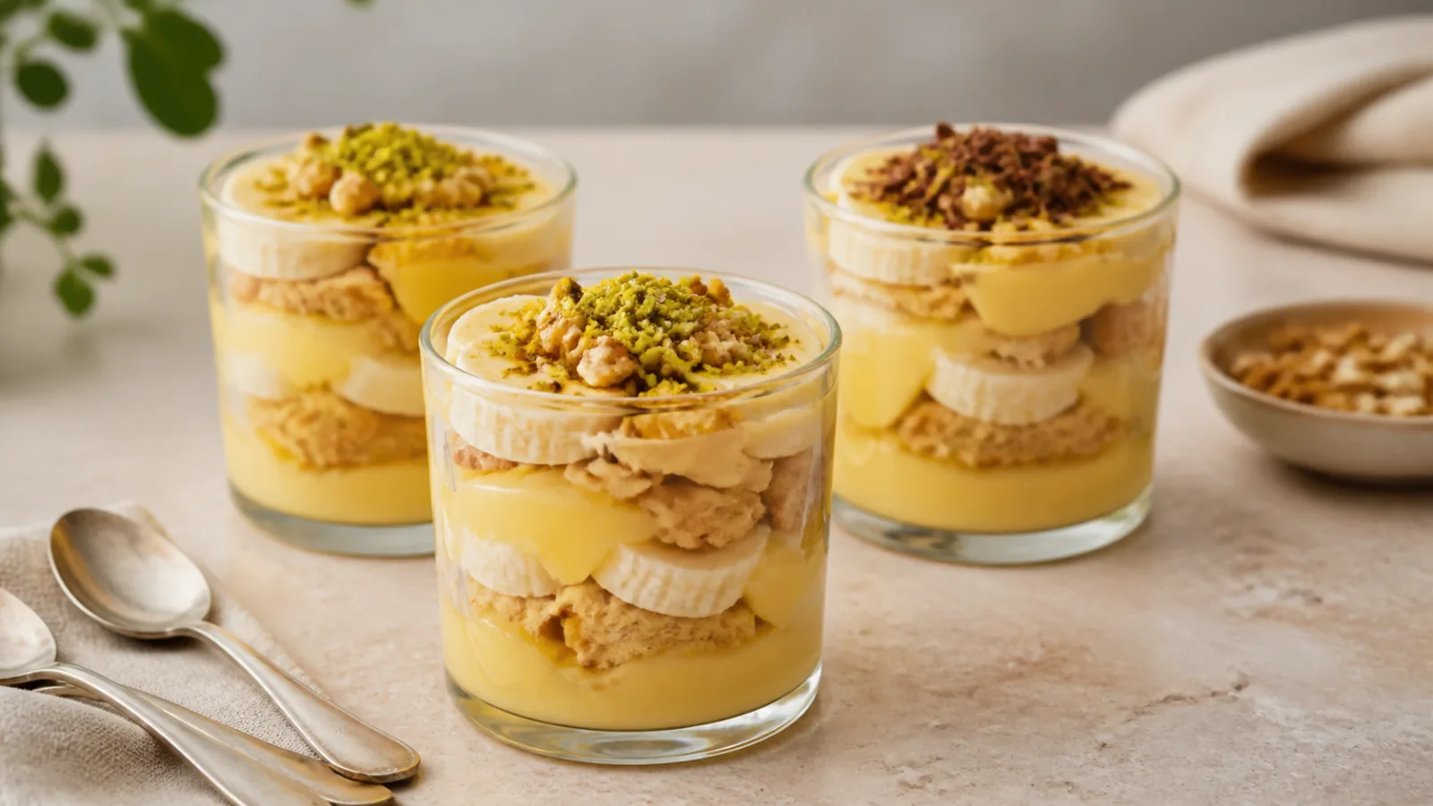 Layered saffron custard dessert with banana biscuits walnuts and pistachios in glass cups