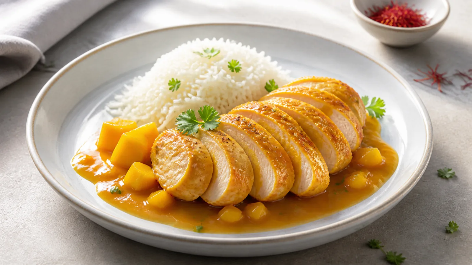 Sliced saffron chicken breast served with orange and mango sauce