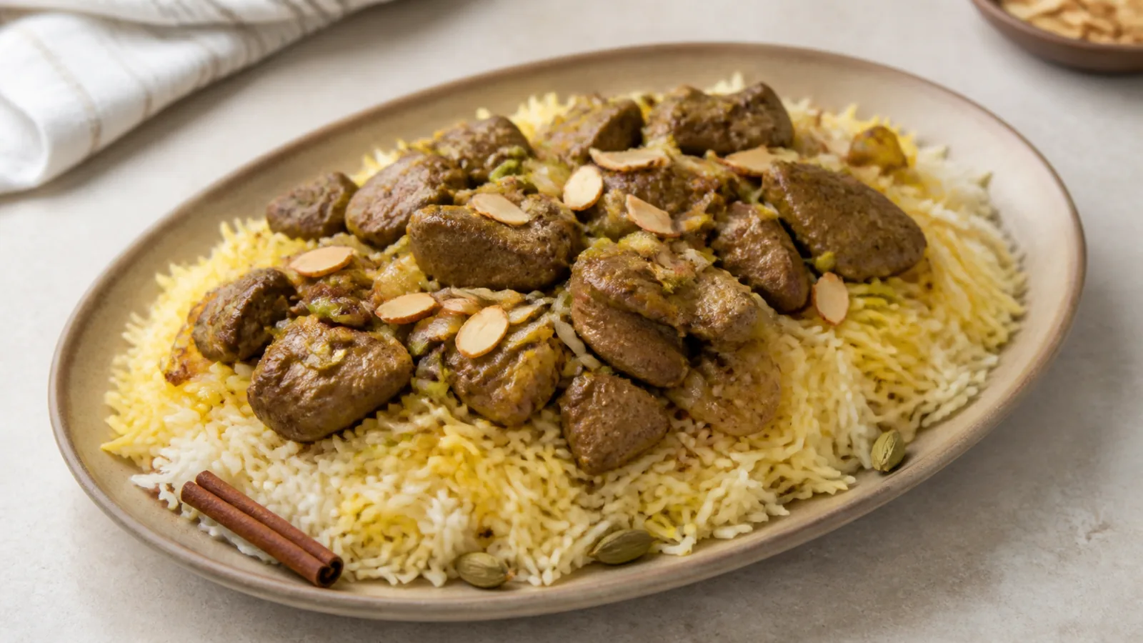 Cooked chicken livers with saffron orange basmati rice and toasted almonds