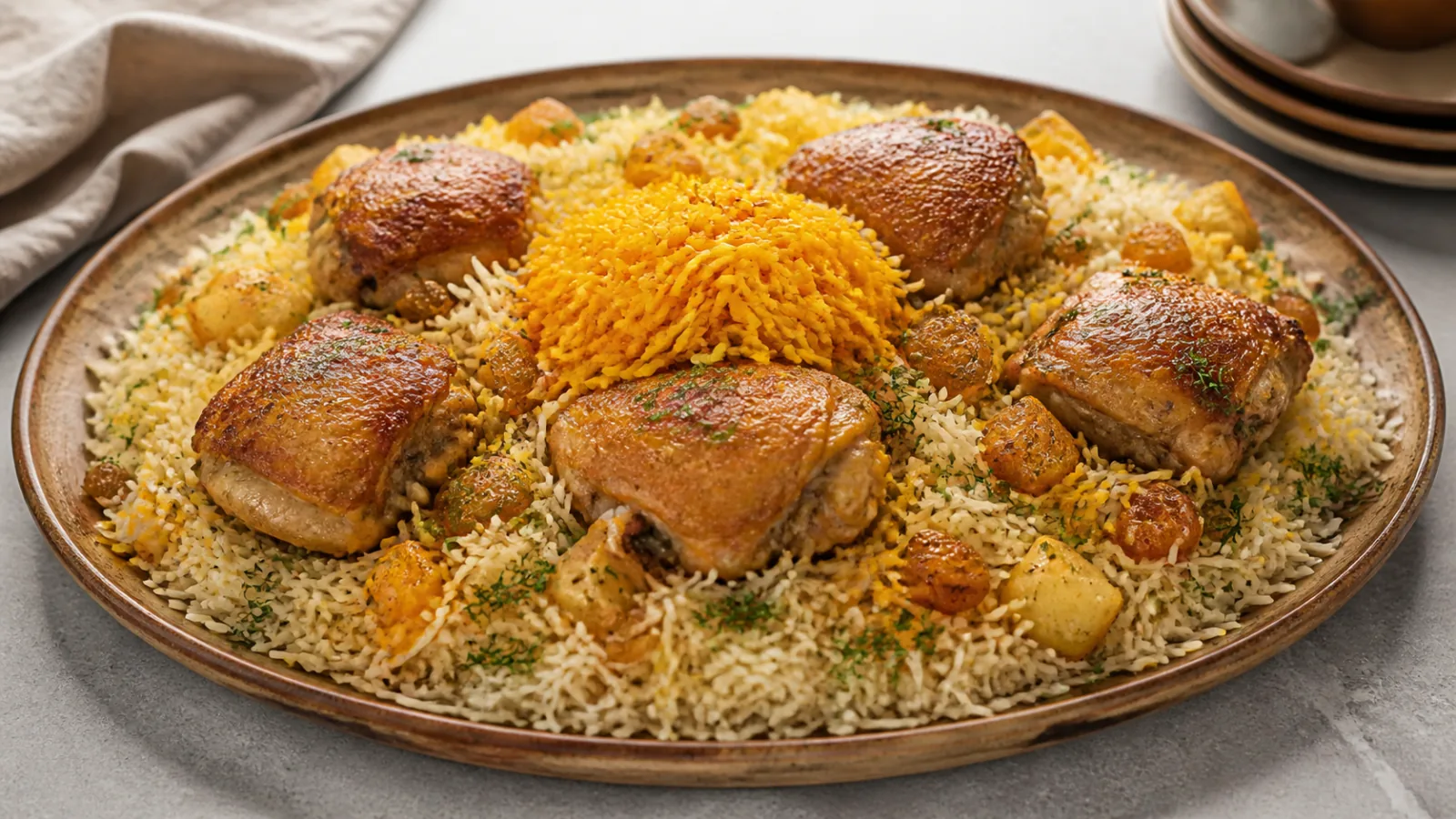 Kermanshah-style saffron rice with chicken potatoes dill and raisins