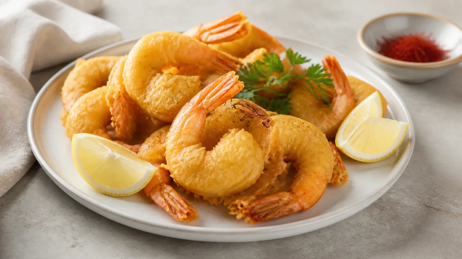 Crisp fried saffron shrimp with lemon and a light golden batter
