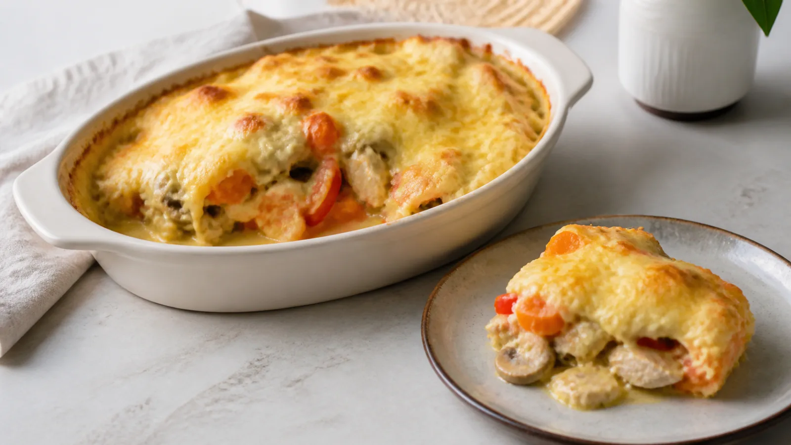 Layered chicken carrot mushroom and saffron casserole with browned mozzarella