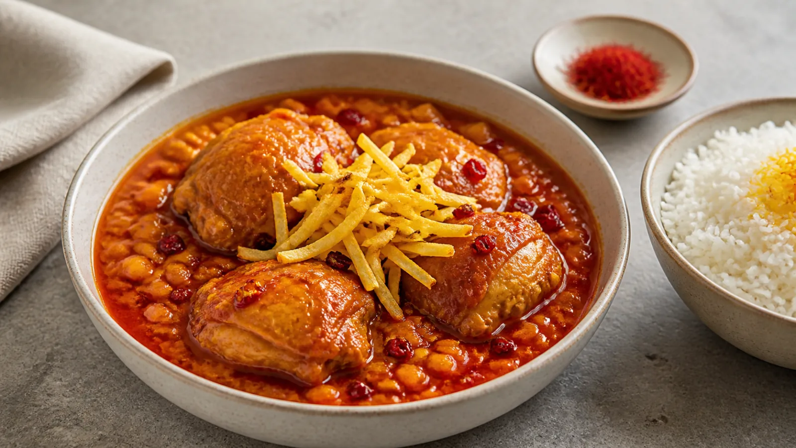 Chicken gheymeh stew with saffron split peas barberries and crisp potato sticks