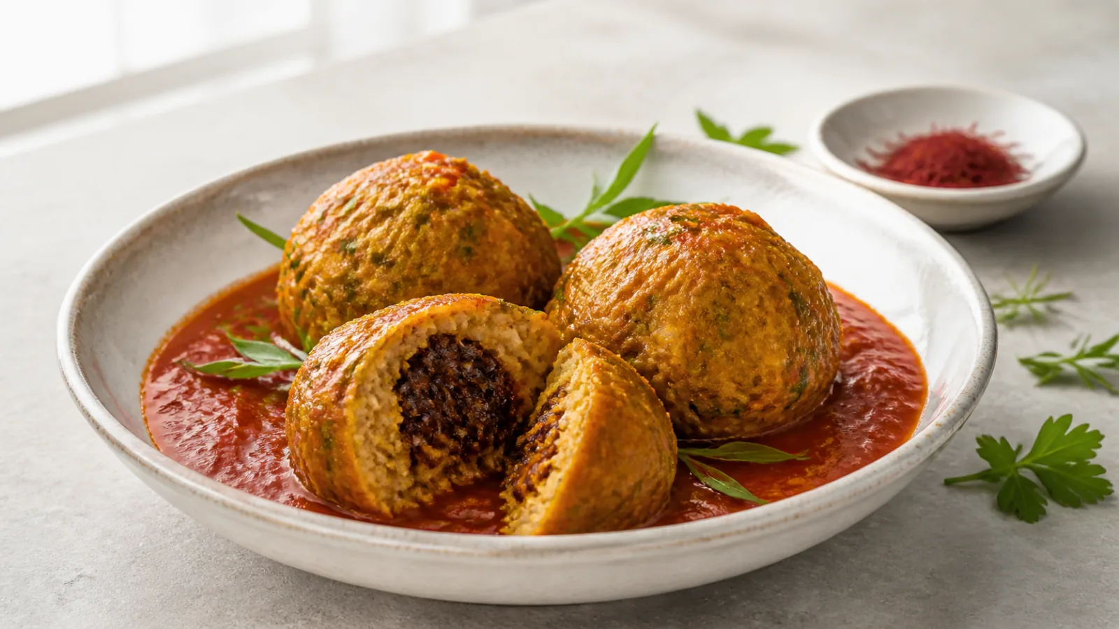 Persian saffron koofteh meatballs with tarragon savory herbs and prune filling