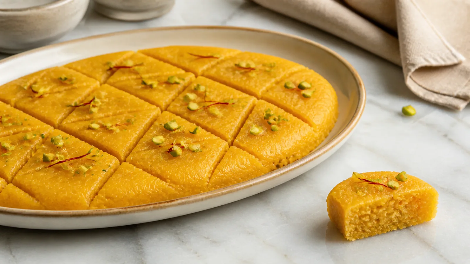 Golden saffron Arabic halva shaped on a platter with pistachio garnish