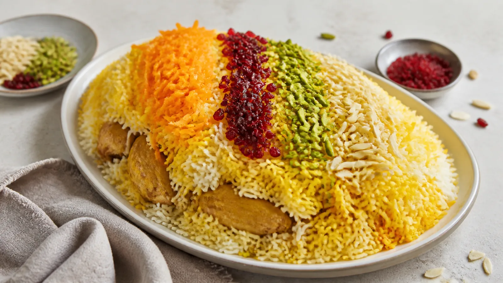 Persian jeweled saffron rice with chicken orange peel barberries almonds and pistachios