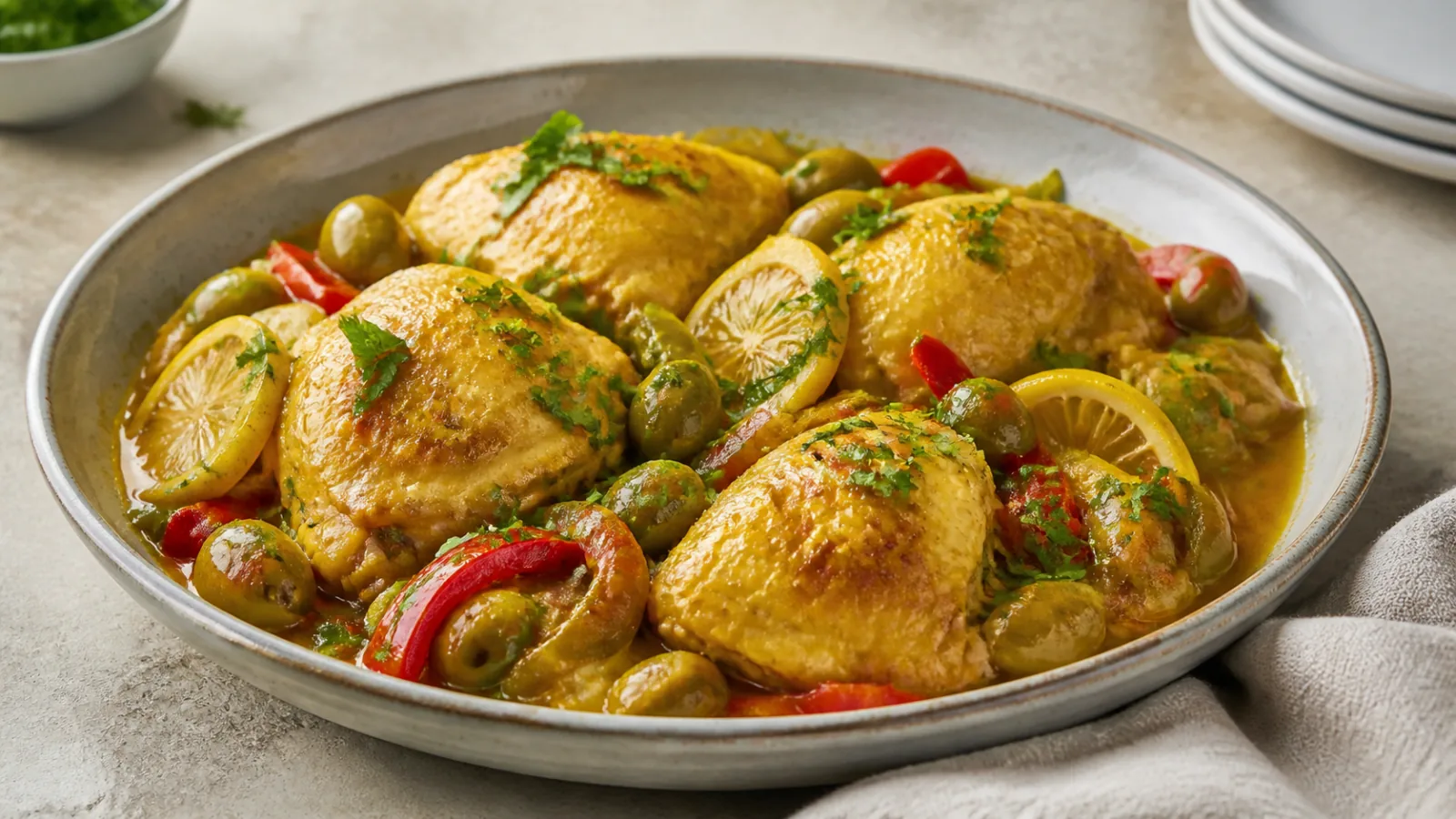 Lebanese-style saffron chicken with green olives sweet peppers lemon and parsley