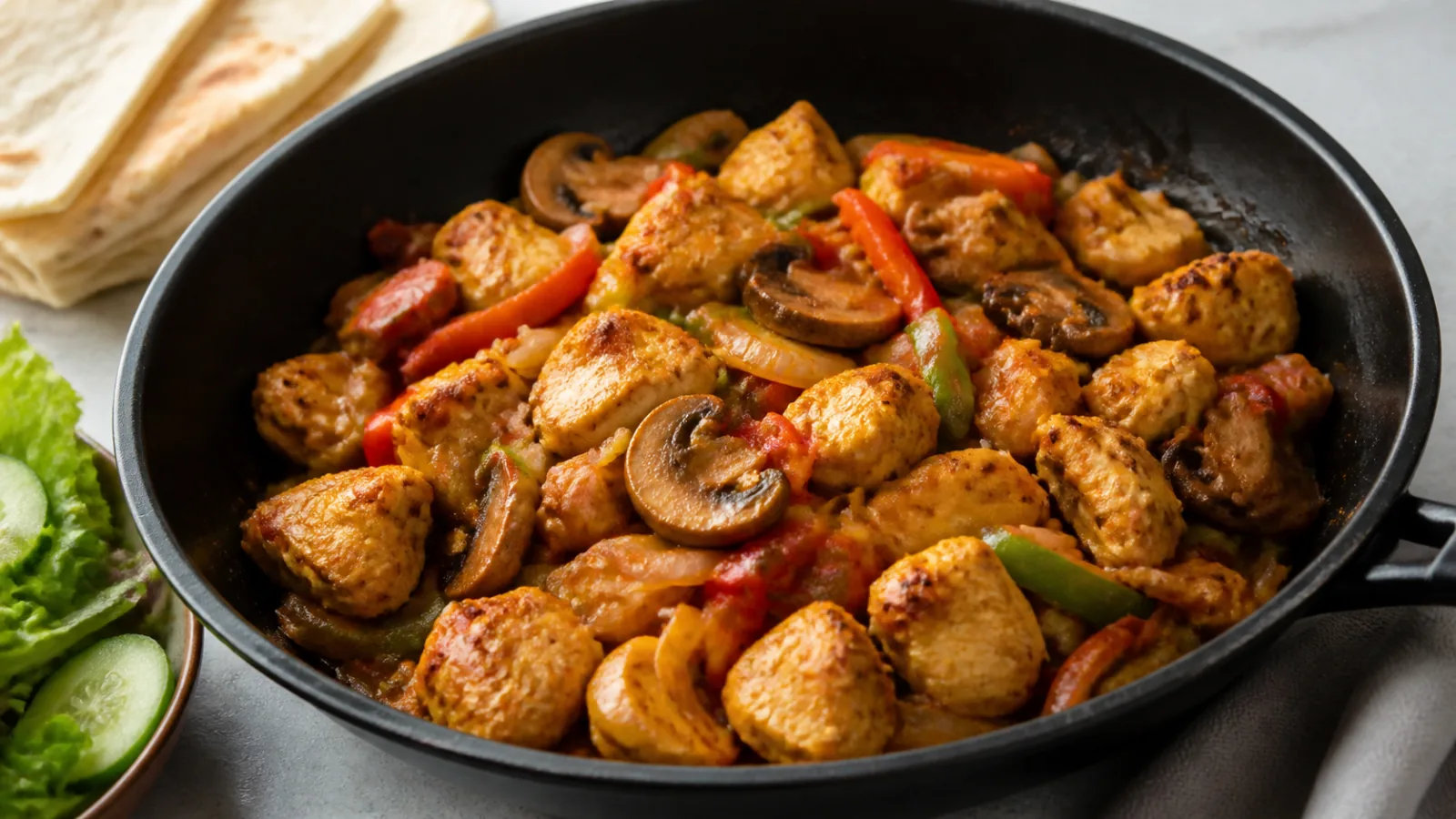 Turkish-style saffron chicken saute with mushrooms peppers tomatoes onion and garlic