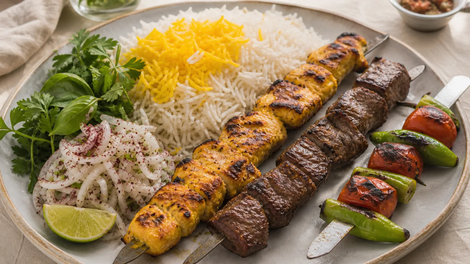 Saffron chicken and beef kebab skewers with Persian rice and grilled vegetables