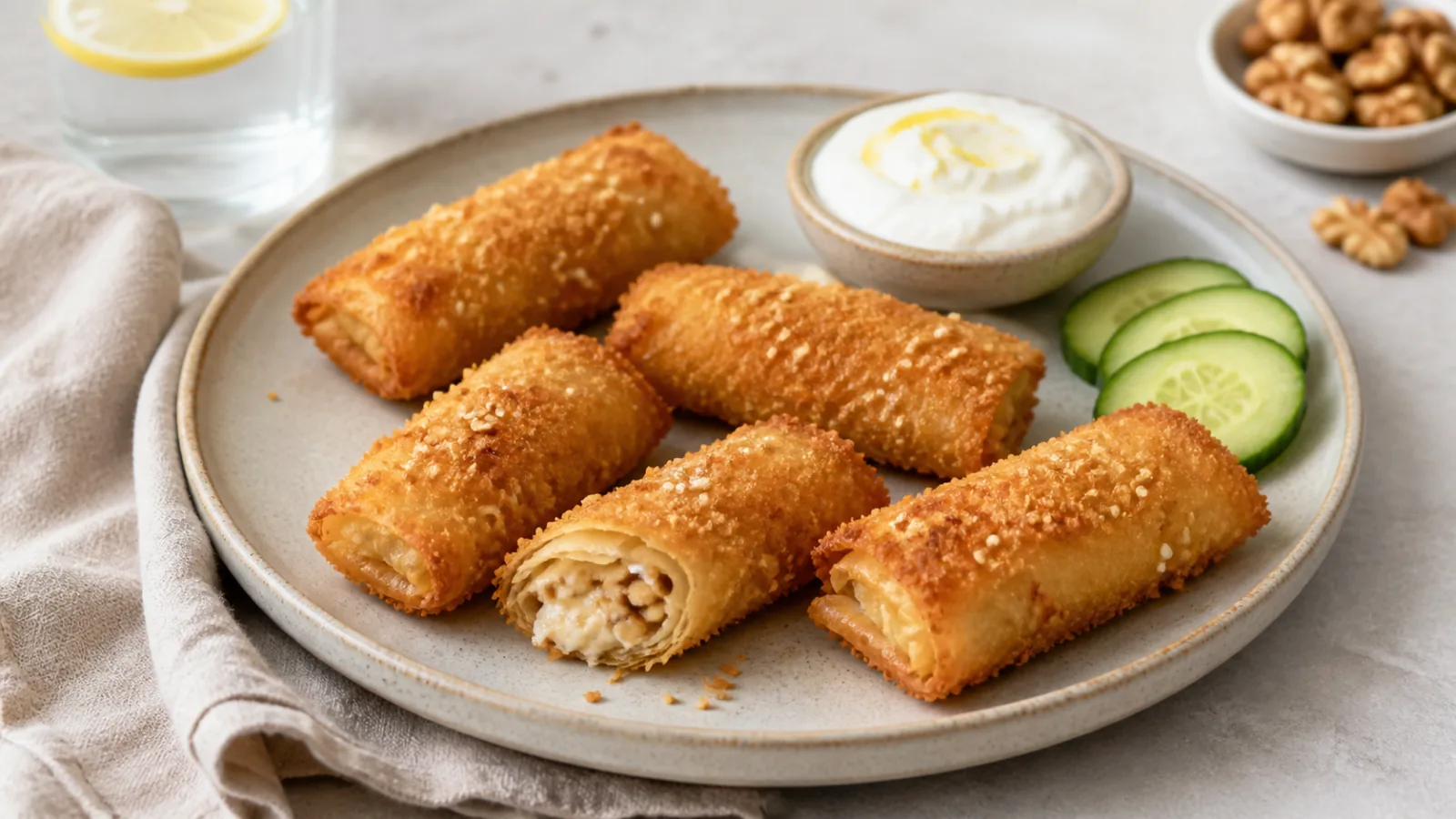 Crisp saffron fried cheese parcels with walnut filling