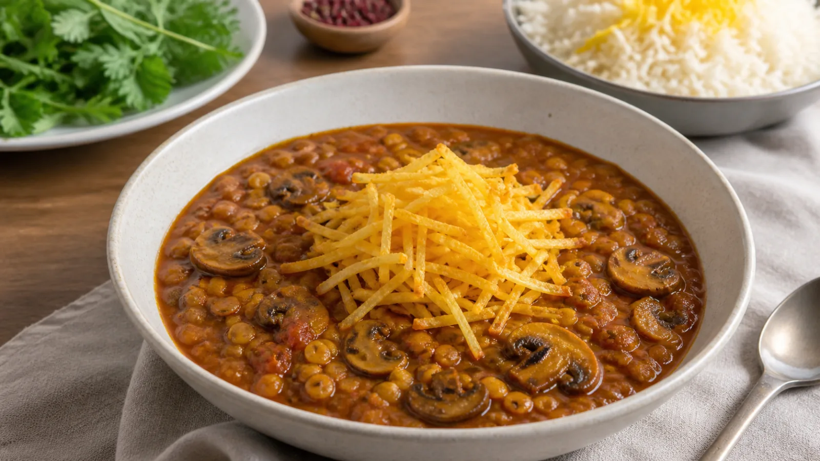 Saffron mushroom gheymeh stew with yellow split peas and crisp potatoes