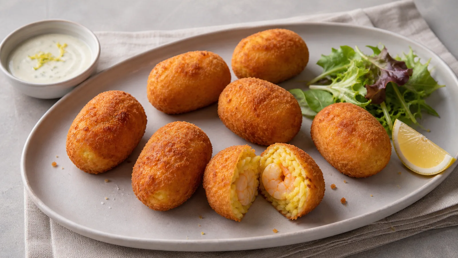 Golden saffron rice croquettes filled with shrimp