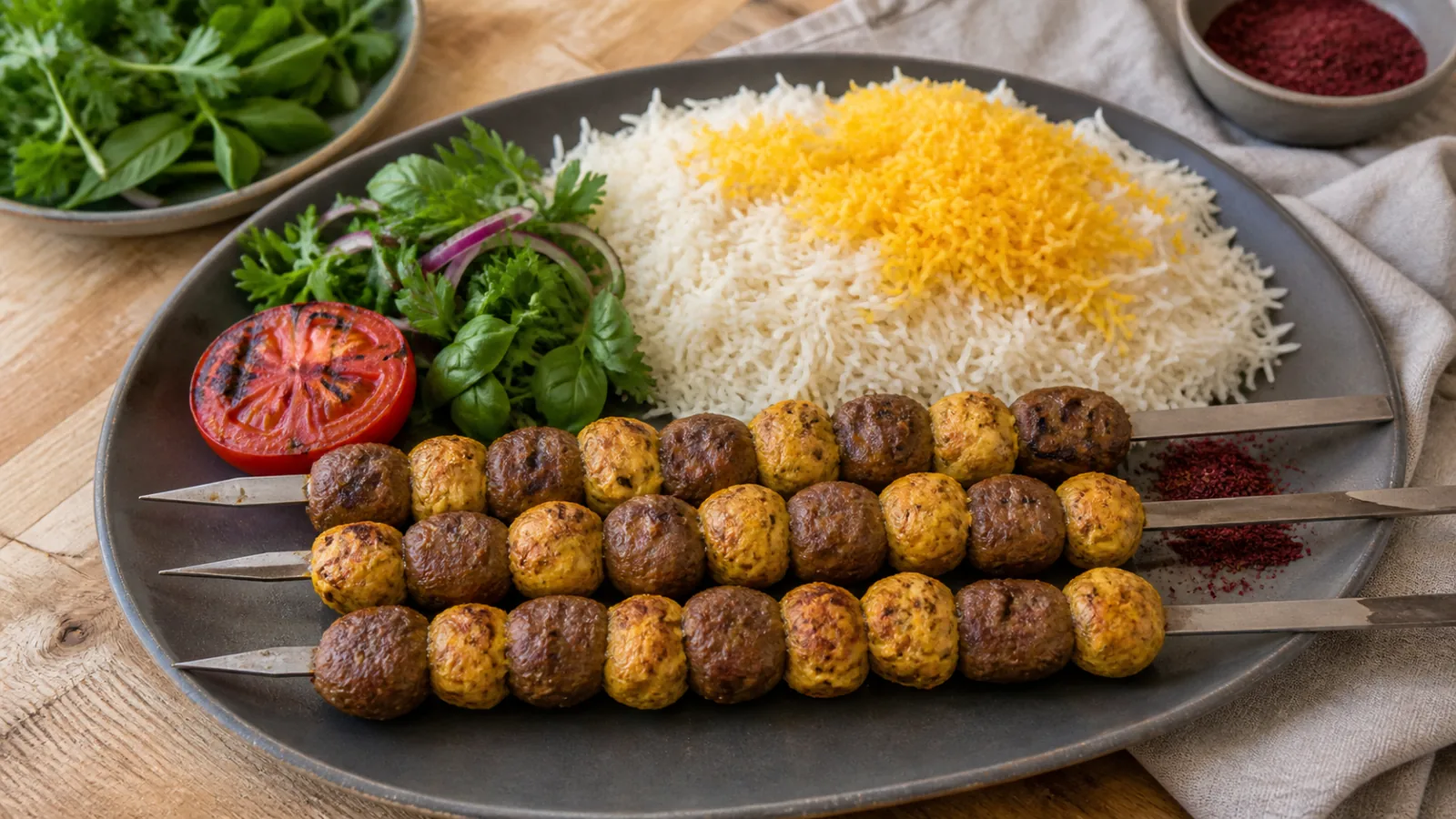 Alternating beef and saffron chicken meatball kebabs with Persian rice