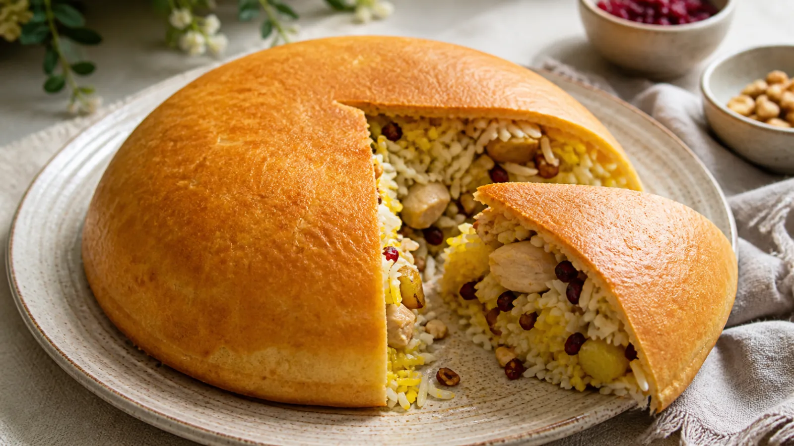 Turkish saffron curtain pilaf filled with chicken rice barberries and walnuts