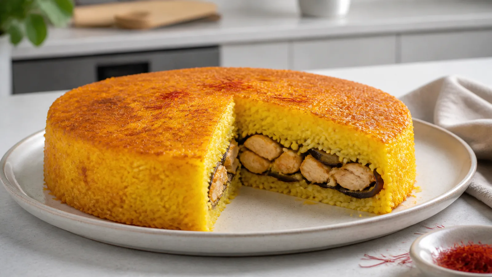 Saffron rice layered with chicken and fried eggplant