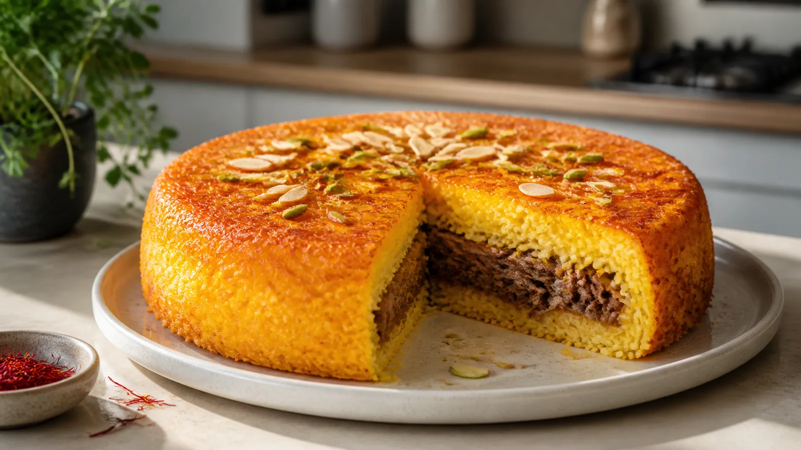 Saffron rice cake with a tender meat filling