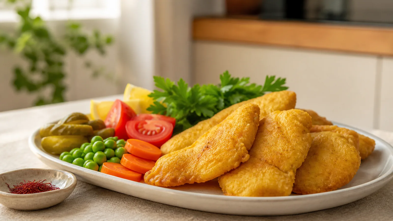 Crisp saffron-battered chicken fillets with peas and carrots