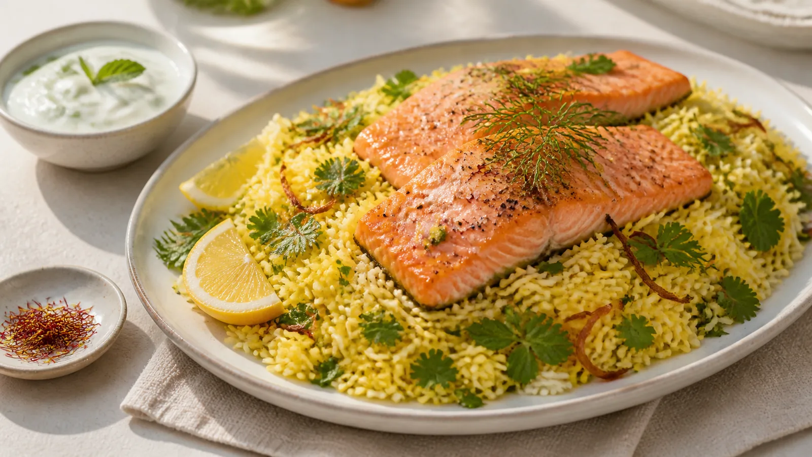 Saffron vegetable rice with herbs and salmon fillets