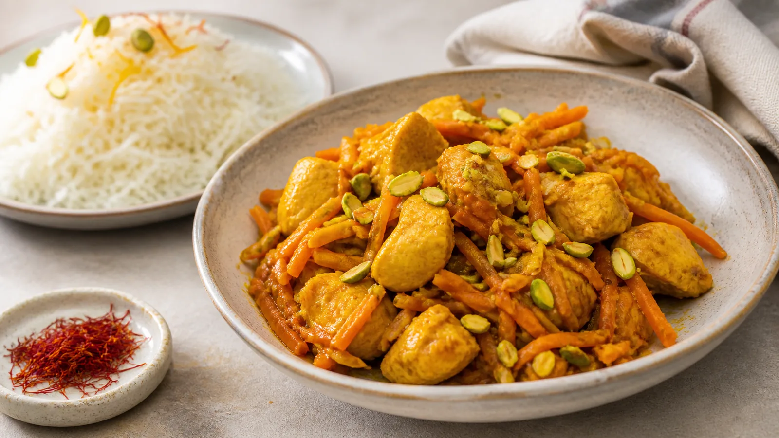 Carrot and chicken saffron stew topped with sliced pistachios