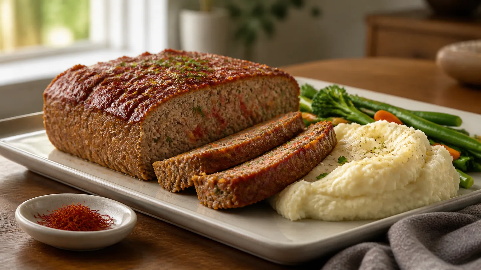 Sliced saffron meatloaf with herbs and vegetables