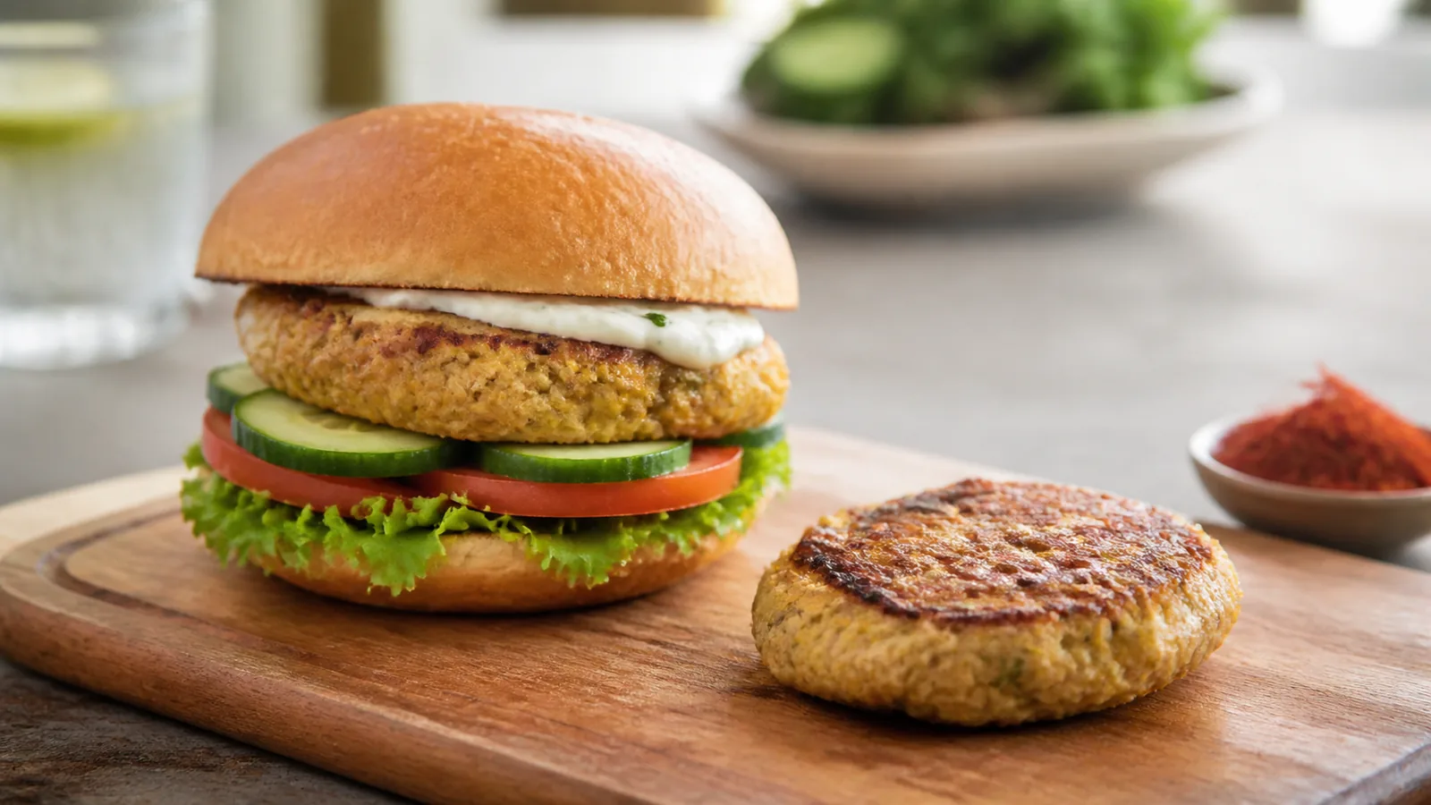 Saffron chicken burger with lettuce and tomato