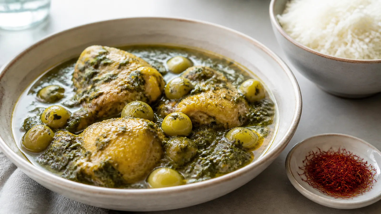 Saffron chicken stew with dill and sour green plums