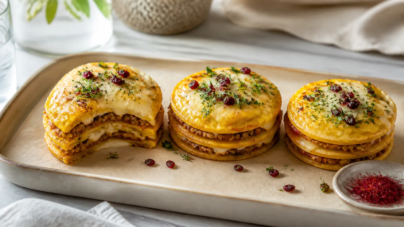 Layered saffron crepes with meat sauce, cheese and barberries