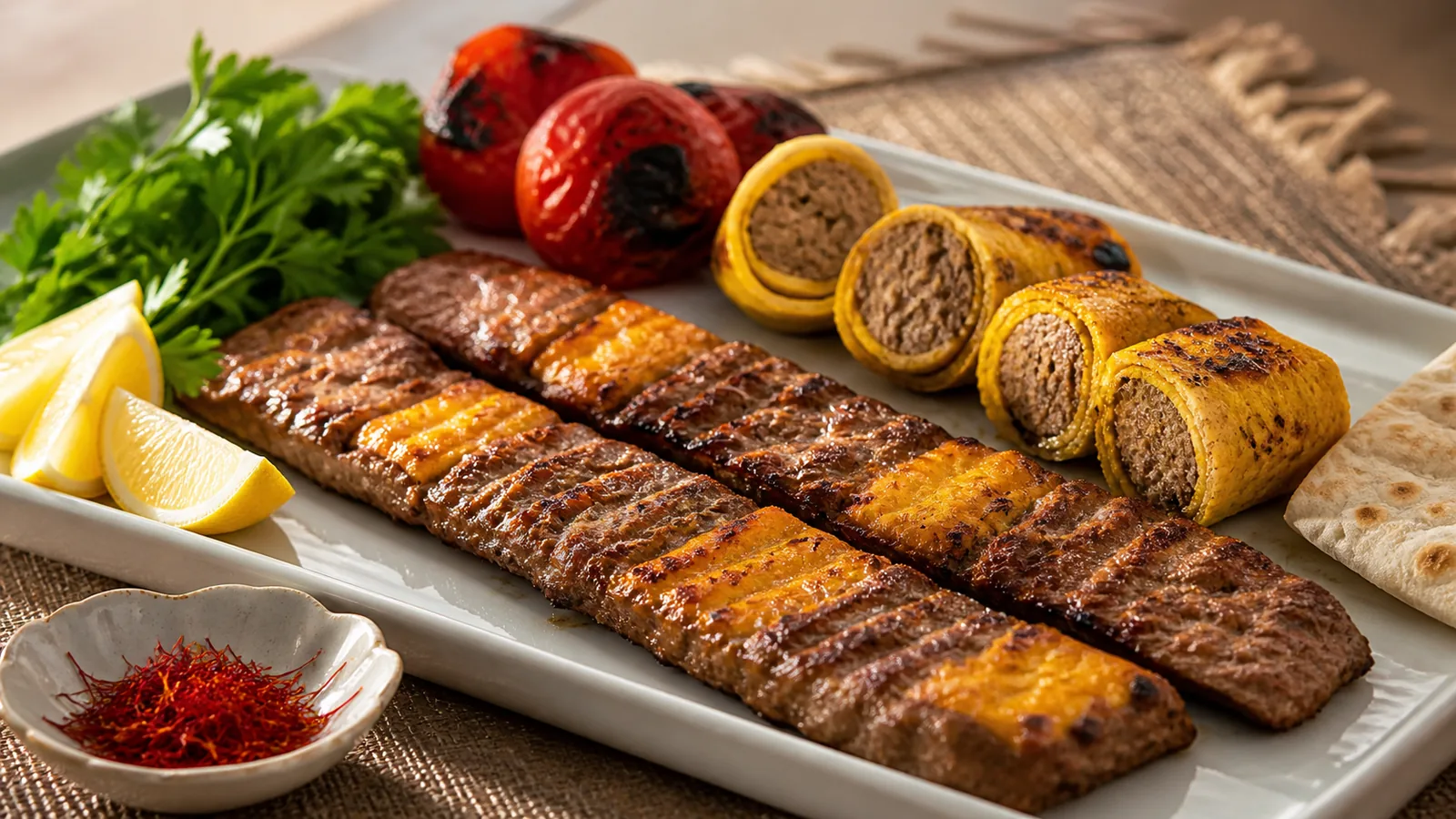 Negin saffron kebabs and sliced chicken kebab rolls