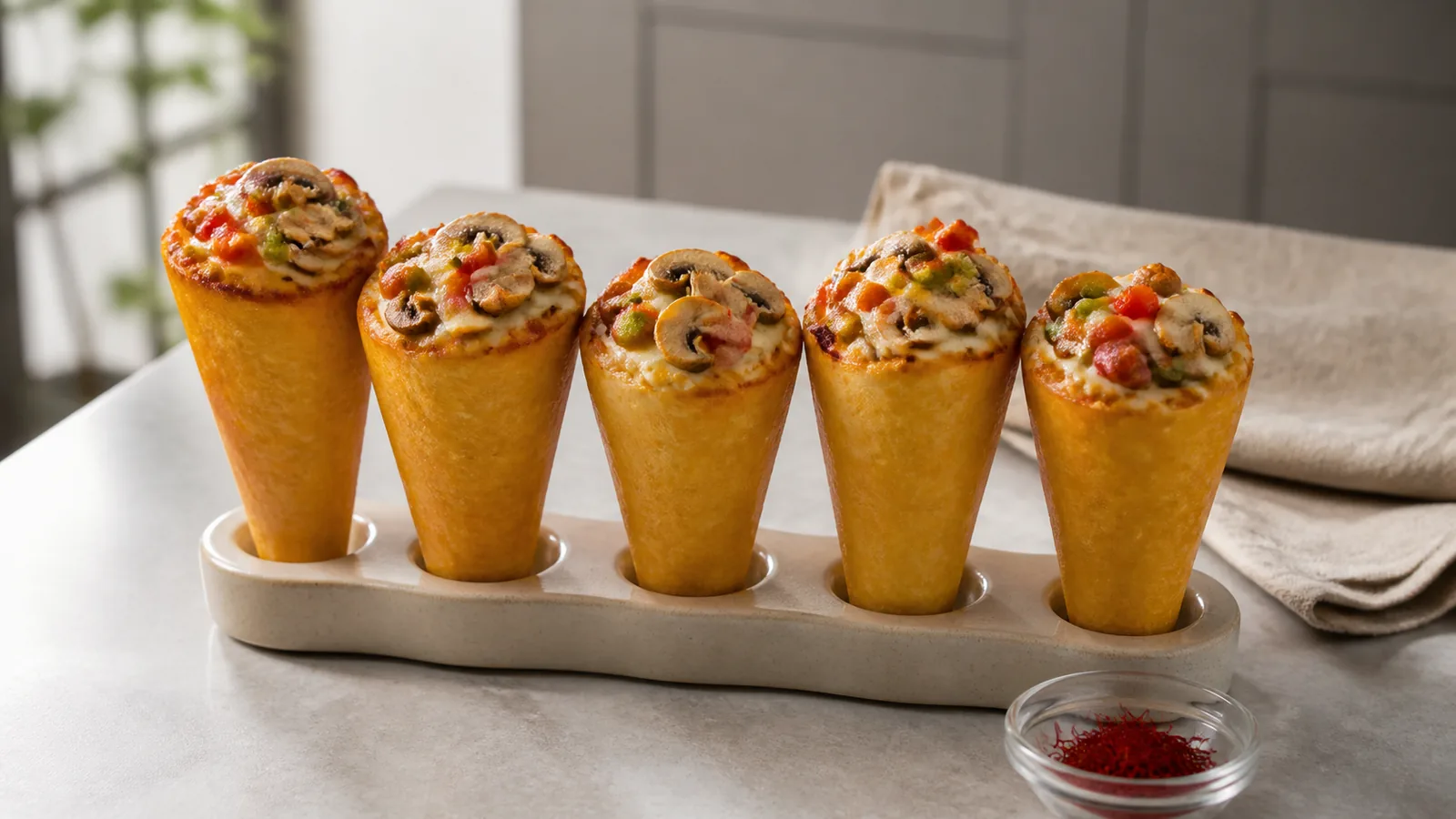 Saffron-glazed pizza cones filled with mushrooms peppers and cheese