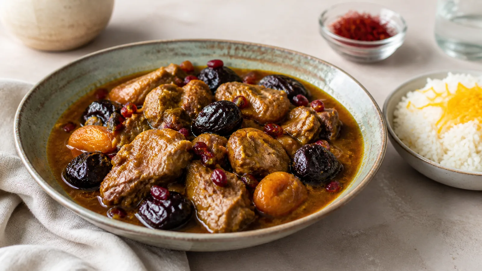 Persian plum and apricot lamb stew finished with saffron