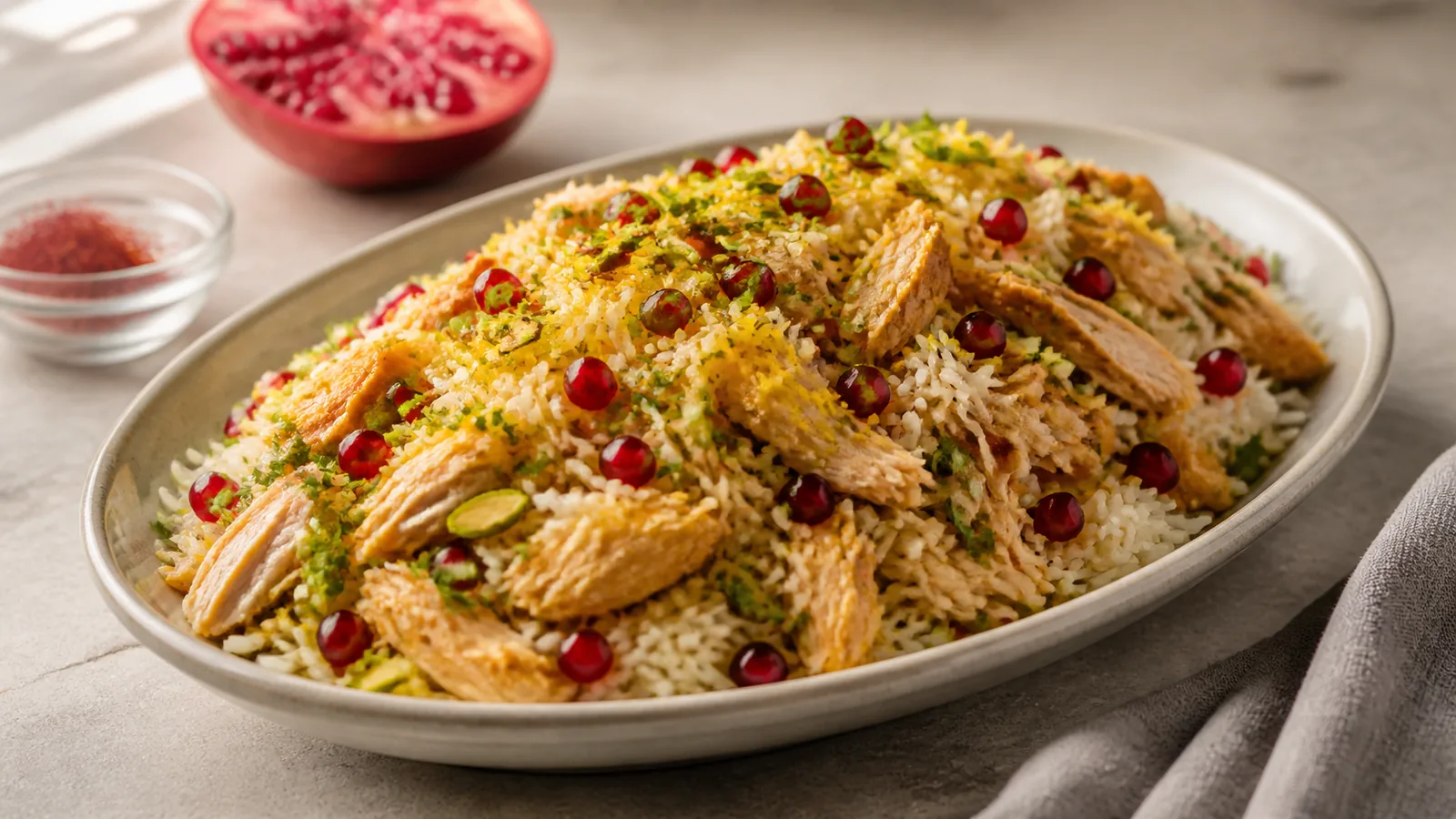 Persian pomegranate rice with chicken pistachios and saffron